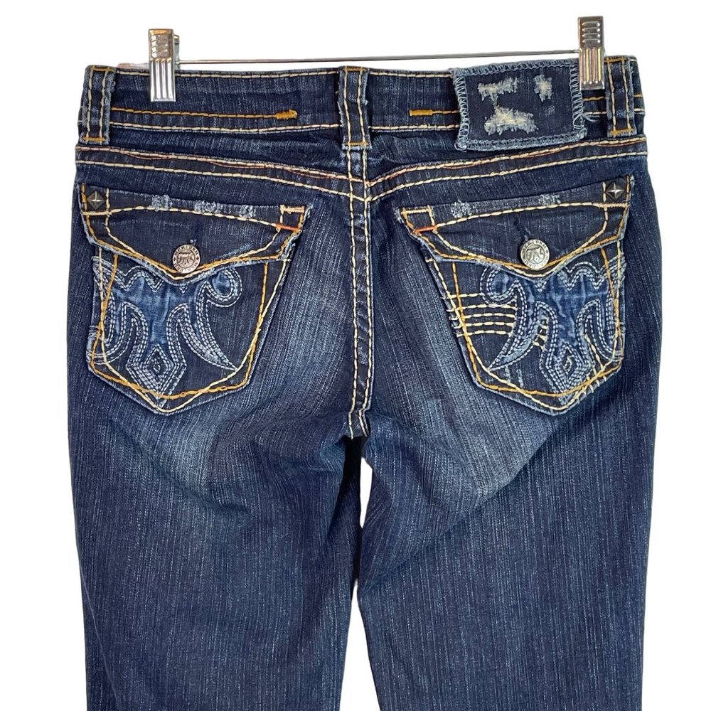 Mek Buckle Los Tunas Distressed Jeans Flap Pockets Dark Wash Western Cowgirl